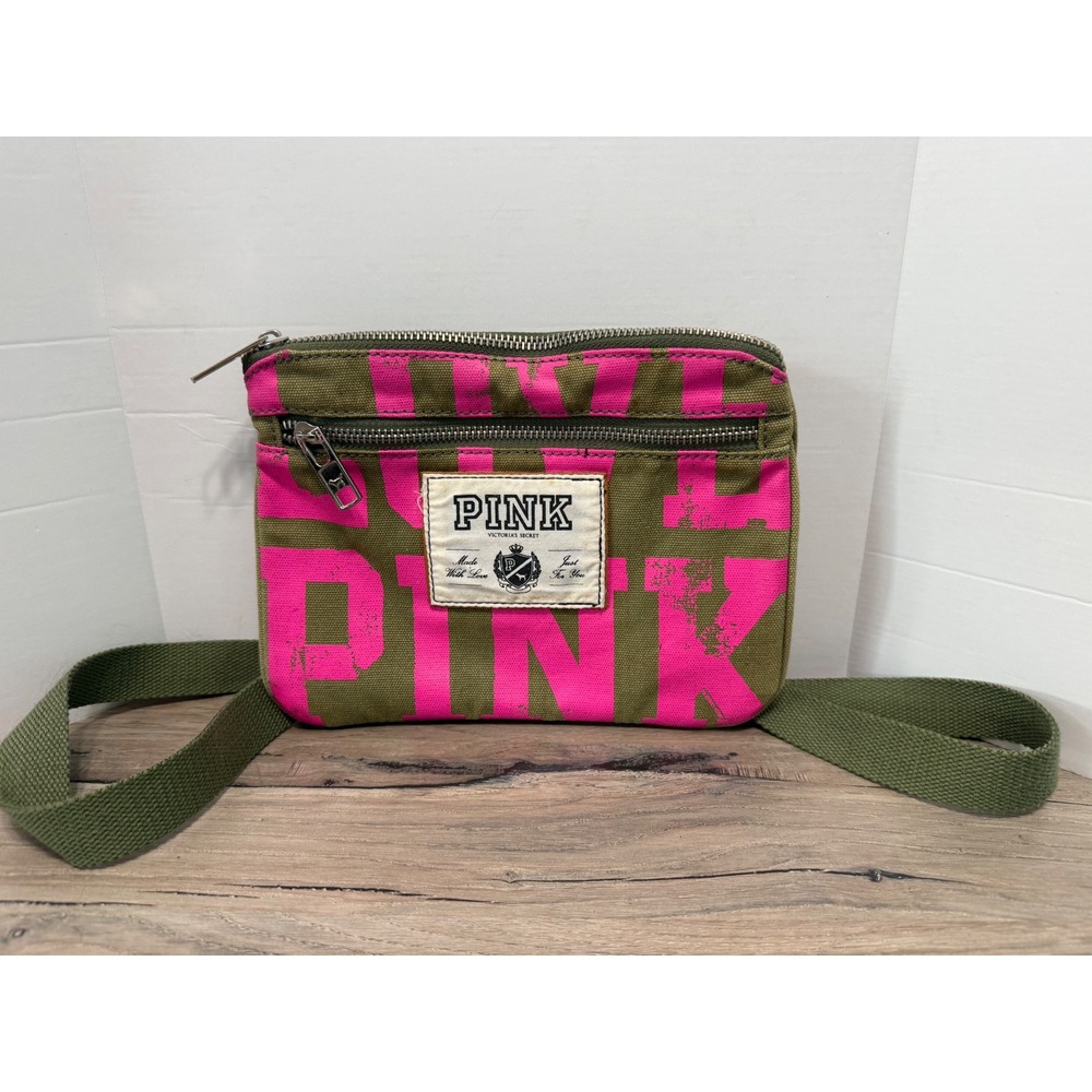 Victorias Secret PINK Canvas Crossbody Bag Olive Green Neon Pink Logo Utility